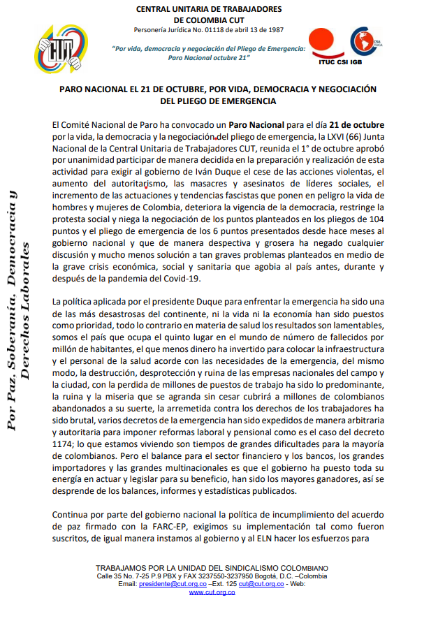 Declaración Política LXVI(66) Junta Directiva Nacional CUT 1 de octubre de 2020