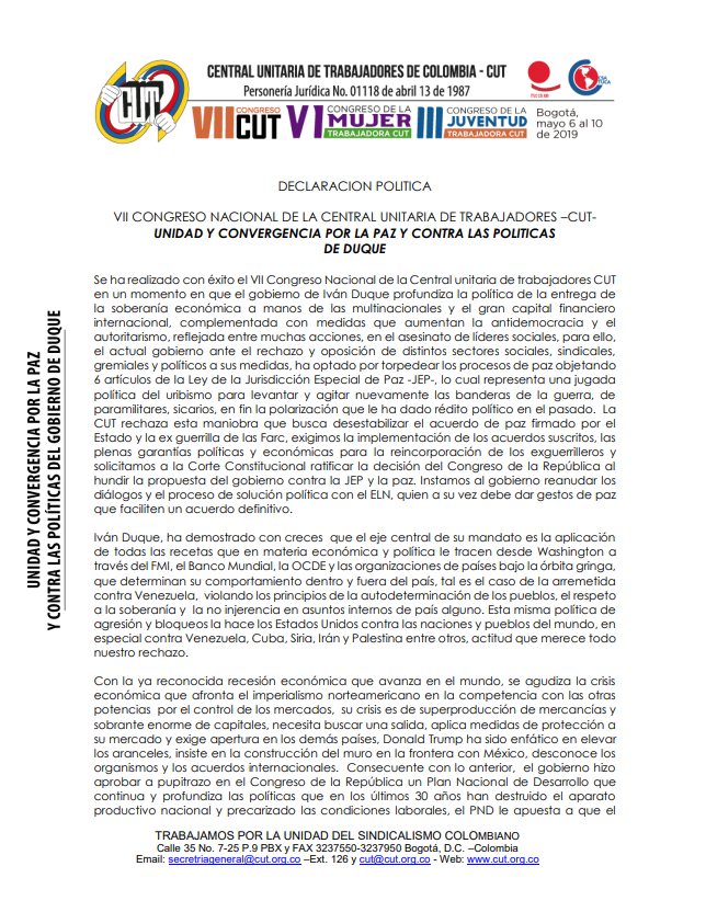 Declaración Política VII Congreso Nacional de la CUT