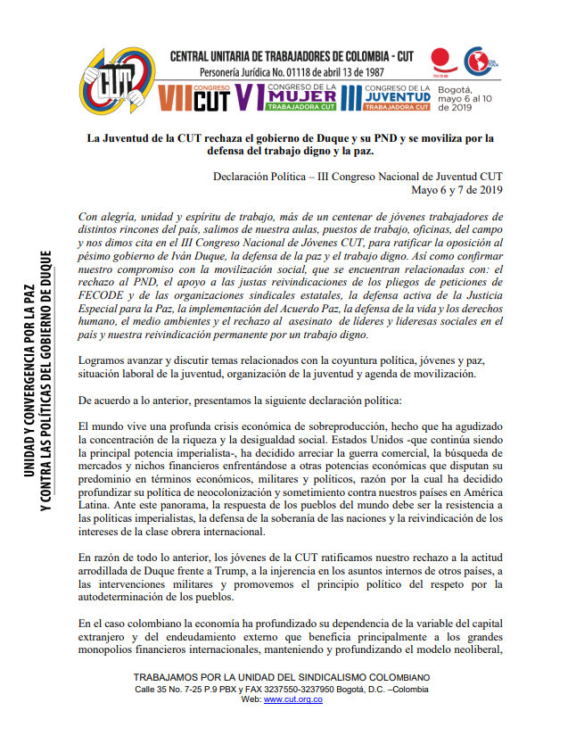 Declaración Política III Congreso Nacional de la Juventud CUT