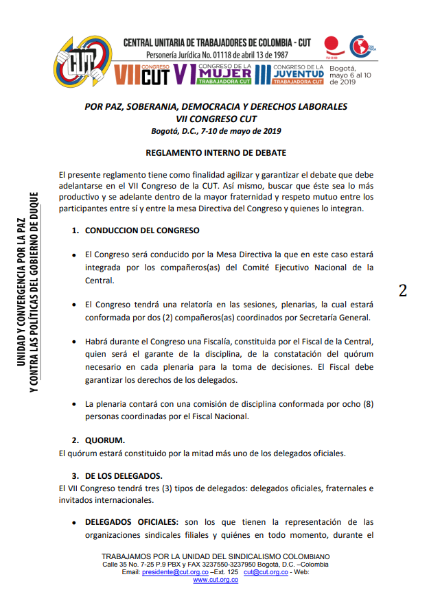Reglamento Interno del debate VII Congreso CUT , mayo 6-9 de 2019