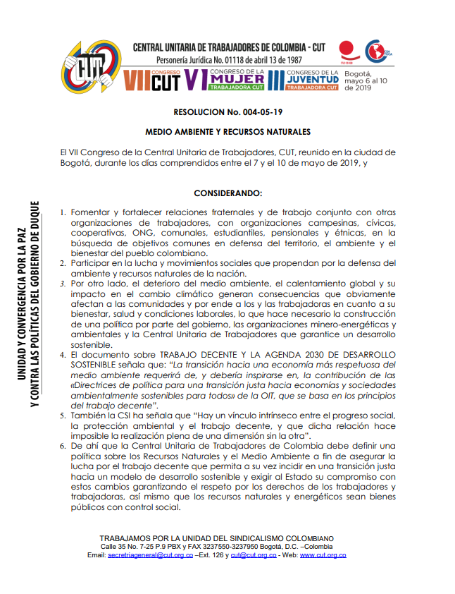 Resolución 004-05-19 Medio Ambiente y Recursos Naturales - VII Congreso Nacional CUT, 10 de mayo de 2019