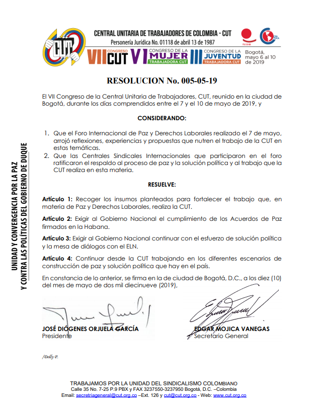 Resolución 005-05-19 Foro Internacional de Paz y Derechos Laborales - VII Congreso Nacional CUT