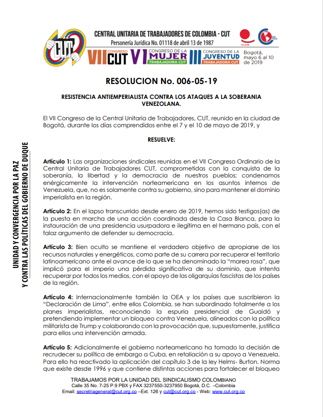 Resolución 006-05-19 Apoyo a Soberanía Venezolana VII Congreso Nacional de la CUT