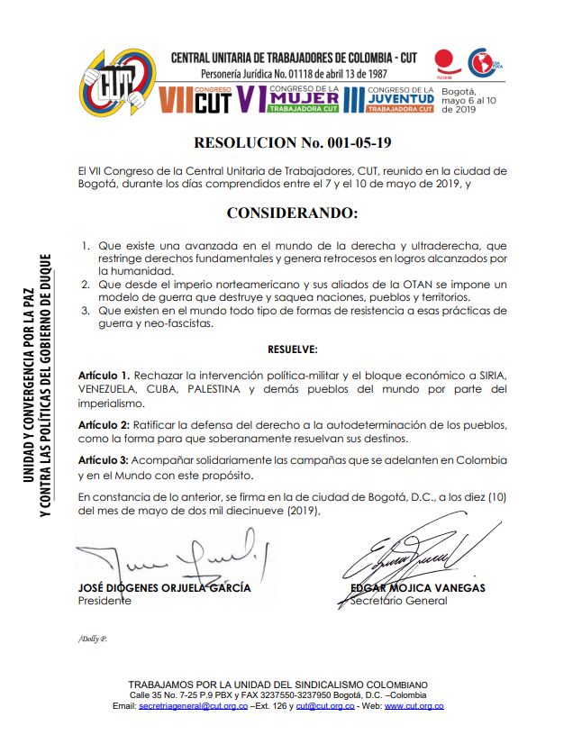 Resolución 001-05-19 Autodeterminación de los pueblos VII Congreso CUT