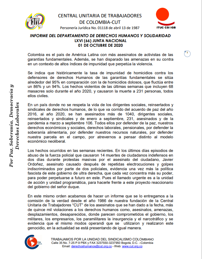 Informe DDHH LXVI (66) Junta Nacional CUT  Octubre 2020