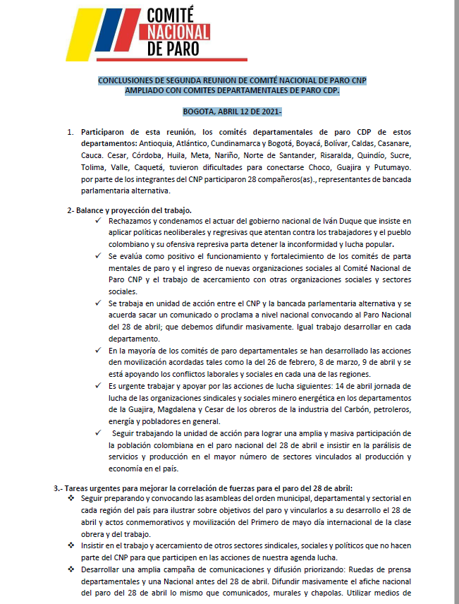 CONCLUSIONES DE SEGUNDA REUNION DE COMITÉ NACIONAL DE PARO CNP AMPLIADO CON COMITES DEPARTAMENTALES DE PARO CDP. BOGOTA, ABRIL 12 DE 2021-