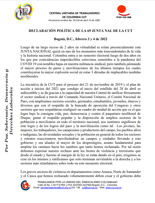 DECLARACIÓN POLÍTICA DE LA 69 JUNTA DIRECTIVA NACIONAL DE LA CUT