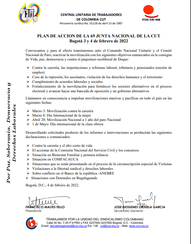 PLAN DE ACCIÓN DE LA 69 JUNTA DIRECTIVA NACIONAL DE LA CUT 3 Y 4 DE FEBRERO DE 2022