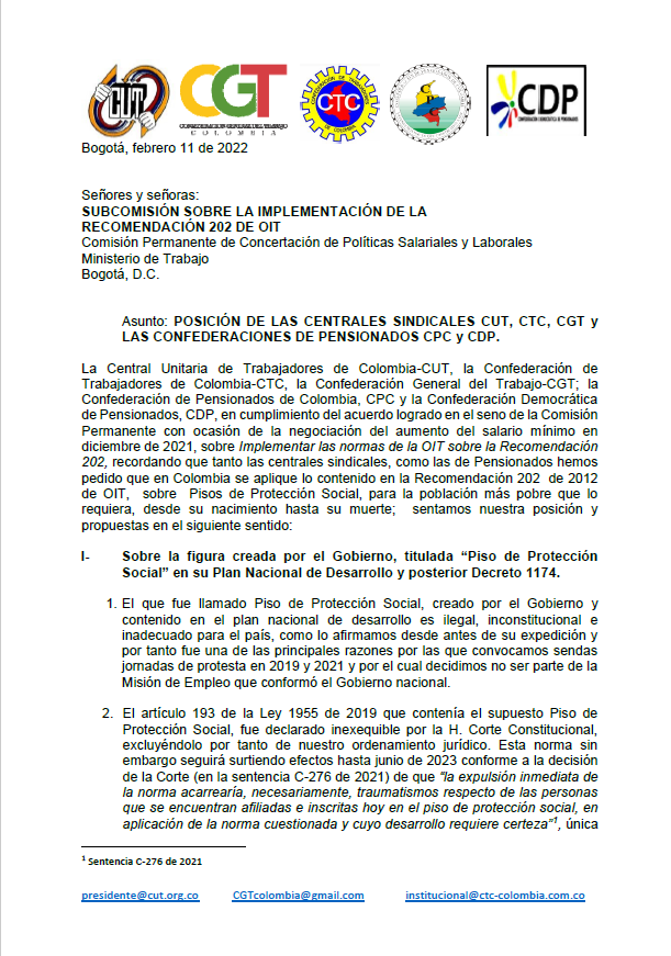 POSICIÓN DE LAS CENTRALES SINDICALES CUT, CTC, CGT y LAS CONFEDERACIONES DE PENSIONADOS CPC y CDP.