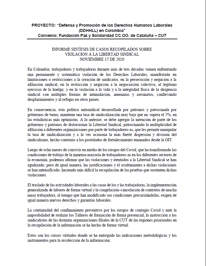 INFORME SINTESIS DE CASOS RECOPILADOS SOBRE VIOLACION A LA LIBERTAD SINDICAL NOVIEMBRE 17 DE 2020