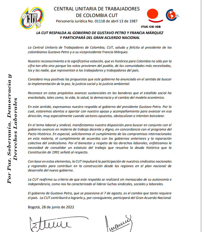 COMUNICADO LA CUT RESPALDA AL GOBIERNO DE GUSTAVO PETRO Y FRANCIA MARQUEZ