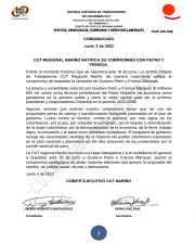 COMUNICADO LA CUT RGIONAL NARIÑO RATIFICA SU COMPROMISO CON PETRO Y FRANCIA
